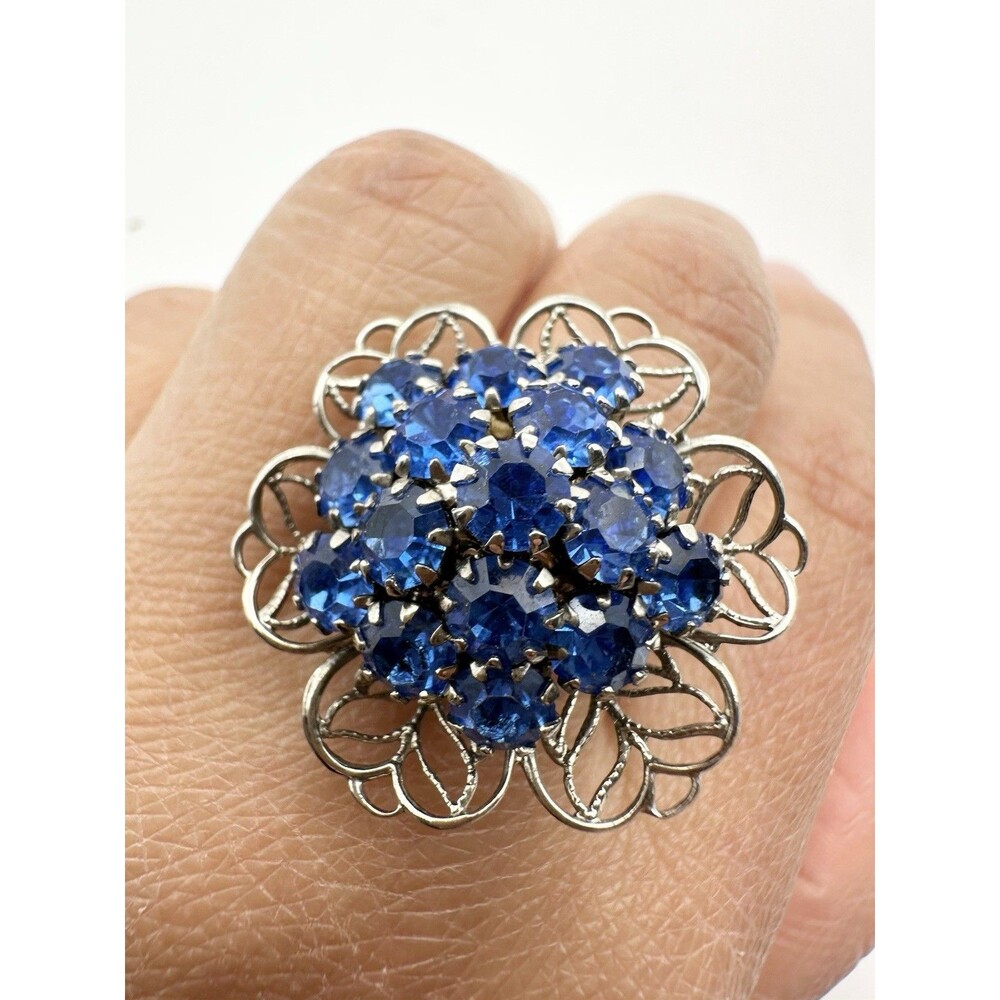 Vintage Blue Rhinestone Cluster Flower Ring Silver Tone Size 8